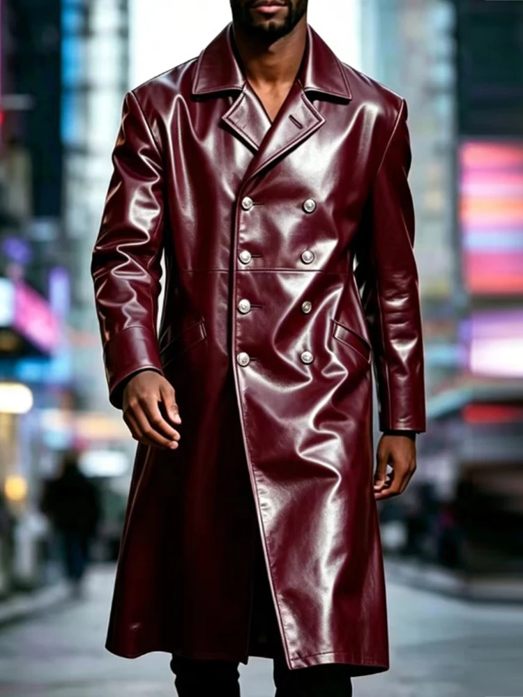 Daily Casual Turn-down Collar Coats Mens Fall Shiny Leather Long Sleeve Outerwear Men Vintage Double-breasted Maxi Jacket
