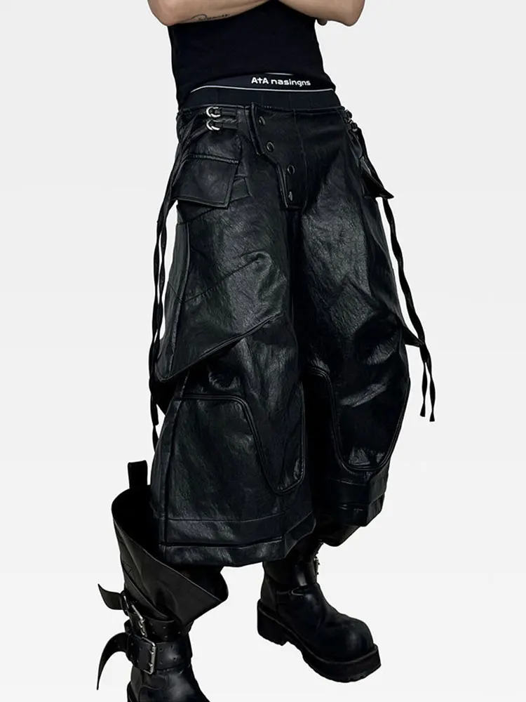 Mauroicardi Spring Autumn Cool Black Pu Leather Wide Leg Calf-Length Pants for Men Luxury Brands Designer Original Clothes 2026