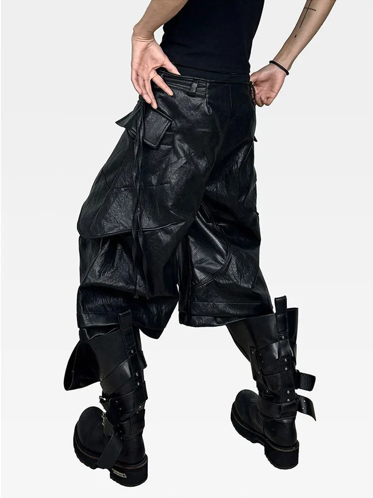 Mauroicardi Spring Autumn Cool Black Pu Leather Wide Leg Calf-Length Pants for Men Luxury Brands Designer Original Clothes 2026