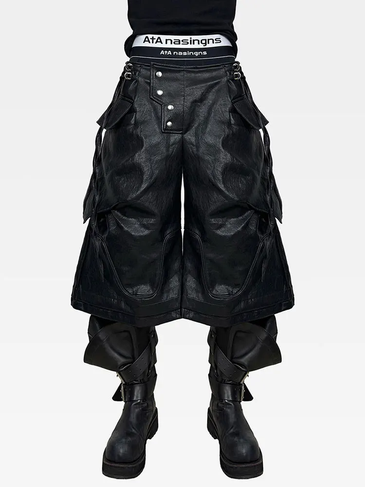 Mauroicardi Spring Autumn Cool Black Pu Leather Wide Leg Calf-Length Pants for Men Luxury Brands Designer Original Clothes 2026