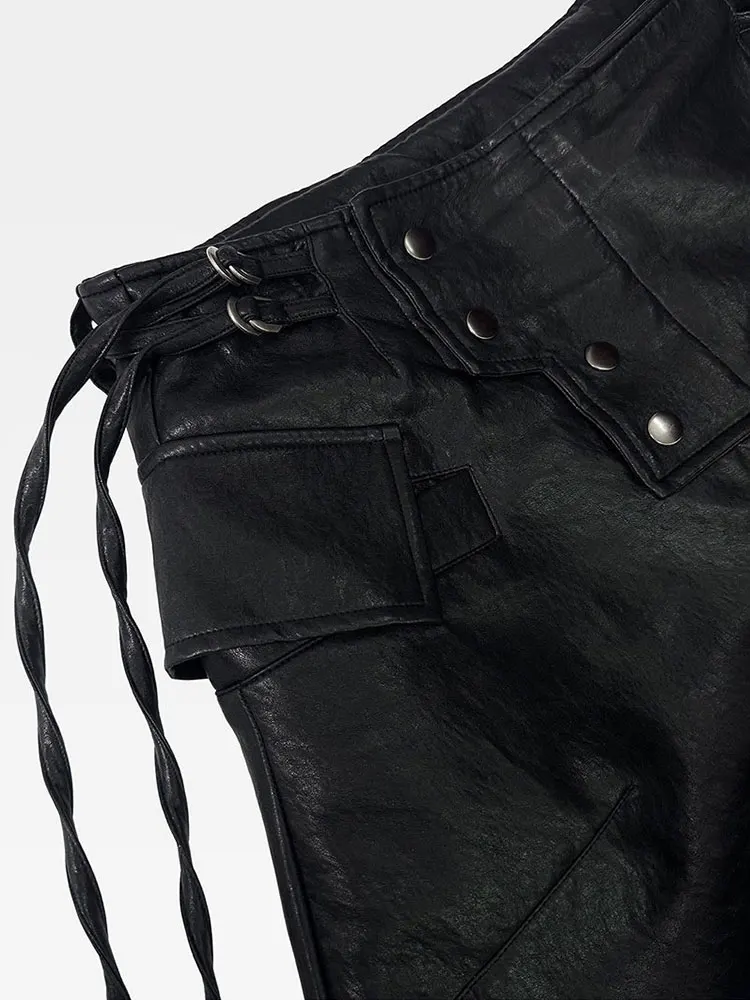 Mauroicardi Spring Autumn Cool Black Pu Leather Wide Leg Calf-Length Pants for Men Luxury Brands Designer Original Clothes 2026