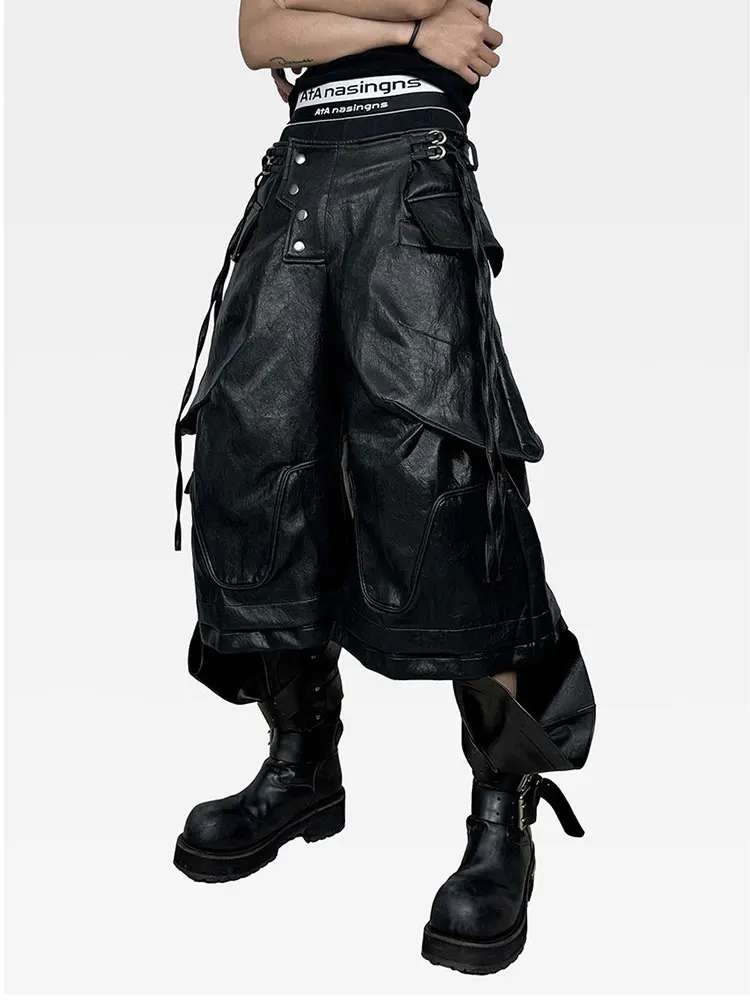 Mauroicardi Spring Autumn Cool Black Pu Leather Wide Leg Calf-Length Pants for Men Luxury Brands Designer Original Clothes 2026