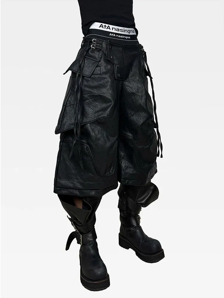 Mauroicardi Spring Autumn Cool Black Pu Leather Wide Leg Calf-Length Pants for Men Luxury Brands Designer Original Clothes 2026