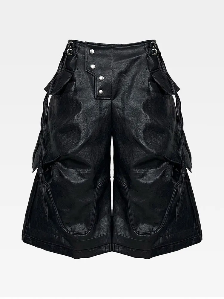 Mauroicardi Spring Autumn Cool Black Pu Leather Wide Leg Calf-Length Pants for Men Luxury Brands Designer Original Clothes 2026
