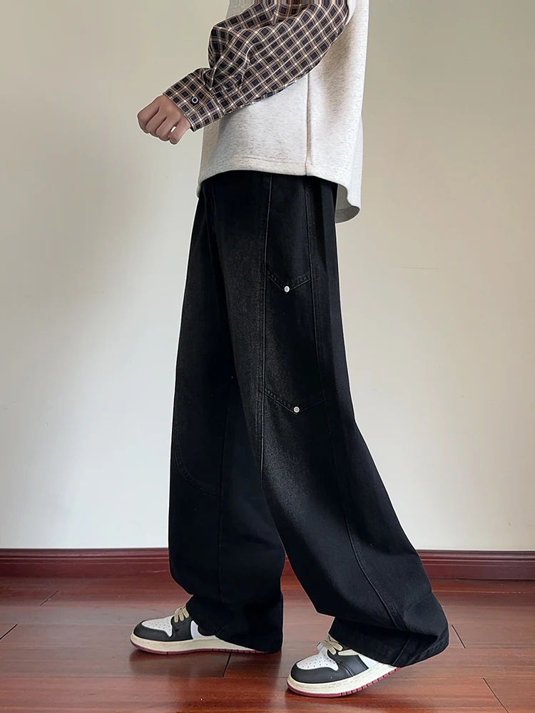 Men's Straight Baggy Jeans Korean Fashion Elastic Waist Wide Leg Denim Pants 380g/m² Heavy Cotton Street Y2K Jeans Big Size 8XL