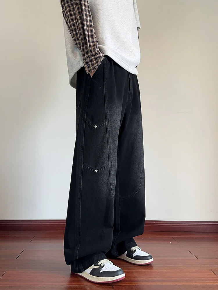 Men's Straight Baggy Jeans Korean Fashion Elastic Waist Wide Leg Denim Pants 380g/m² Heavy Cotton Street Y2K Jeans Big Size 8XL