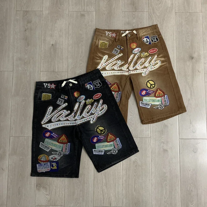 New Y2K Colorful Rhinestone VALLEY Embroidery Patch Label Denim Shorts Jorts Men Women High Quality Loose Straight Short Jeans
