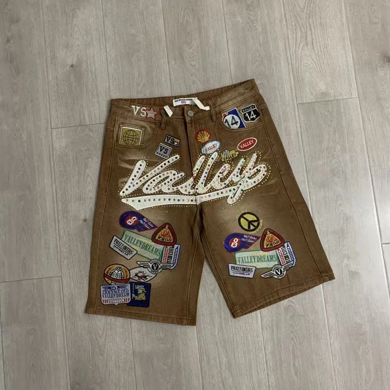 New Y2K Colorful Rhinestone VALLEY Embroidery Patch Label Denim Shorts Jorts Men Women High Quality Loose Straight Short Jeans