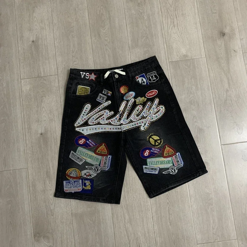 New Y2K Colorful Rhinestone VALLEY Embroidery Patch Label Denim Shorts Jorts Men Women High Quality Loose Straight Short Jeans