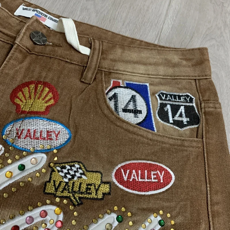 New Y2K Colorful Rhinestone VALLEY Embroidery Patch Label Denim Shorts Jorts Men Women High Quality Loose Straight Short Jeans