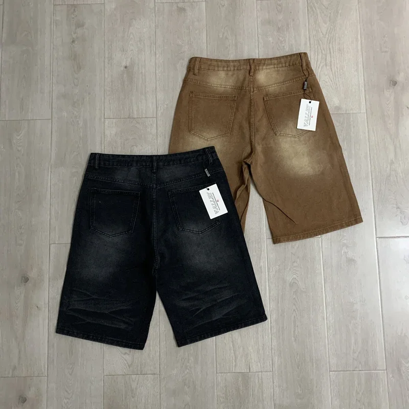 New Y2K Colorful Rhinestone VALLEY Embroidery Patch Label Denim Shorts Jorts Men Women High Quality Loose Straight Short Jeans