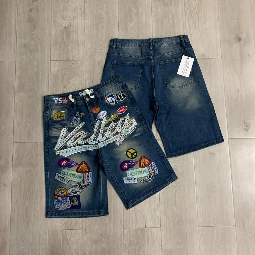 New Y2K Colorful Rhinestone VALLEY Embroidery Patch Label Denim Shorts Jorts Men Women High Quality Loose Straight Short Jeans