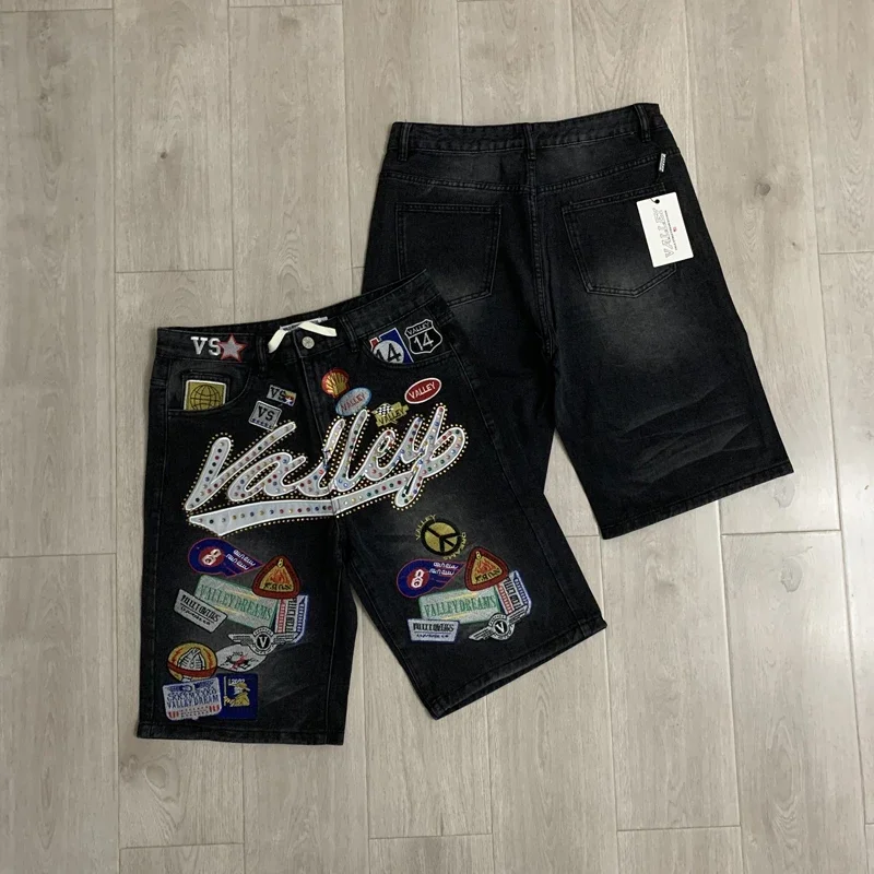 New Y2K Colorful Rhinestone VALLEY Embroidery Patch Label Denim Shorts Jorts Men Women High Quality Loose Straight Short Jeans