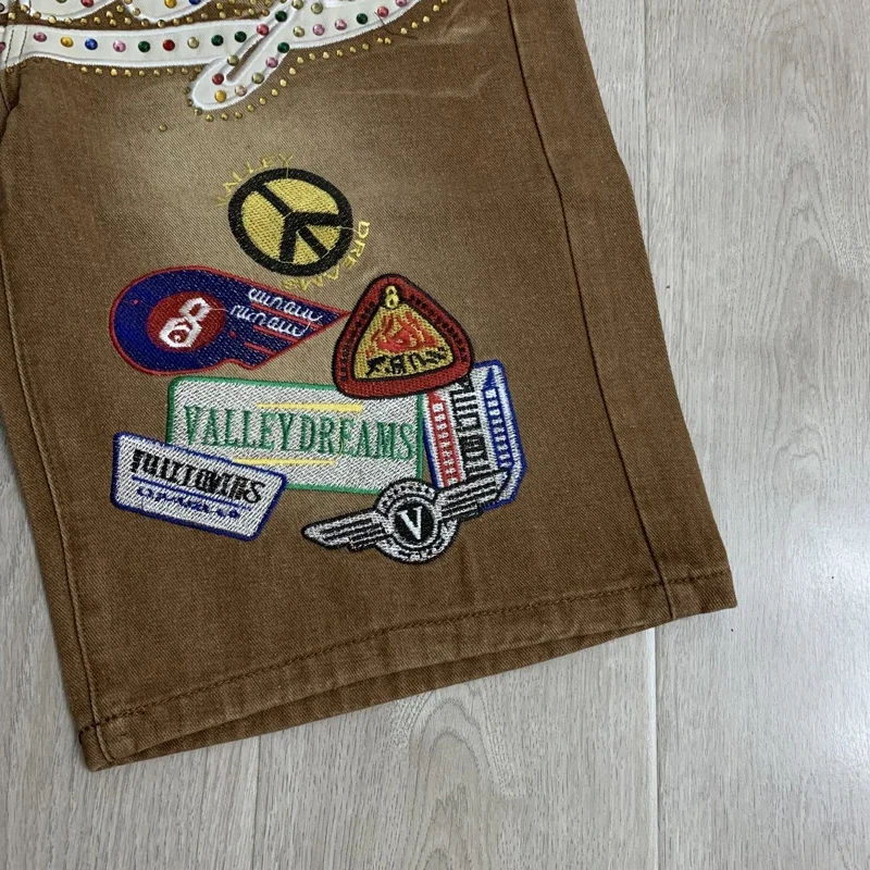 New Y2K Colorful Rhinestone VALLEY Embroidery Patch Label Denim Shorts Jorts Men Women High Quality Loose Straight Short Jeans