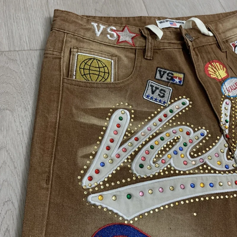 New Y2K Colorful Rhinestone VALLEY Embroidery Patch Label Denim Shorts Jorts Men Women High Quality Loose Straight Short Jeans