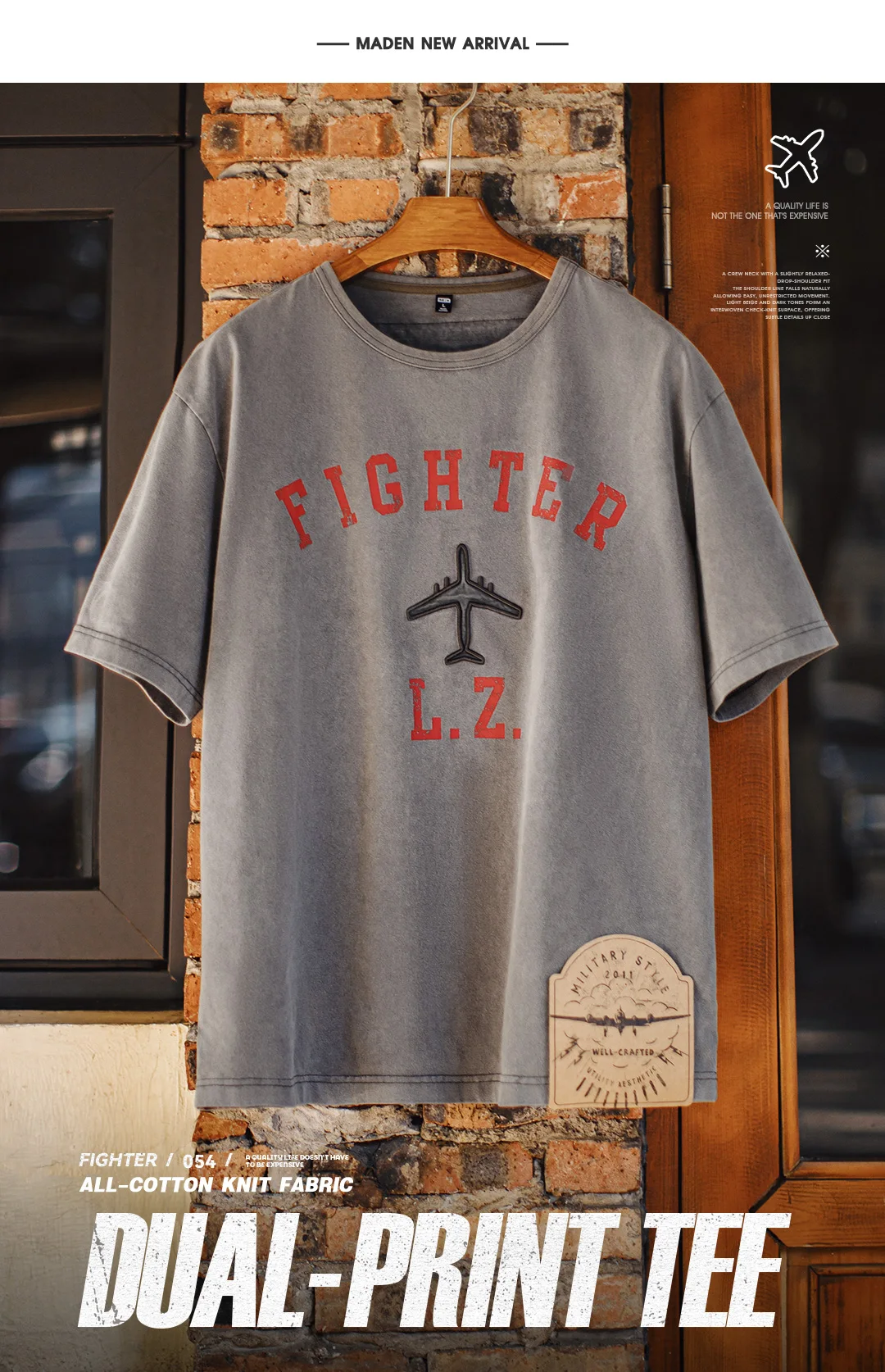 Maden Men's Vintage Fighter Plane Print T-Shirt Heavyweight Cotton Oversized Crew Neck Summer Casual Streetwear Tee Men's Tops
