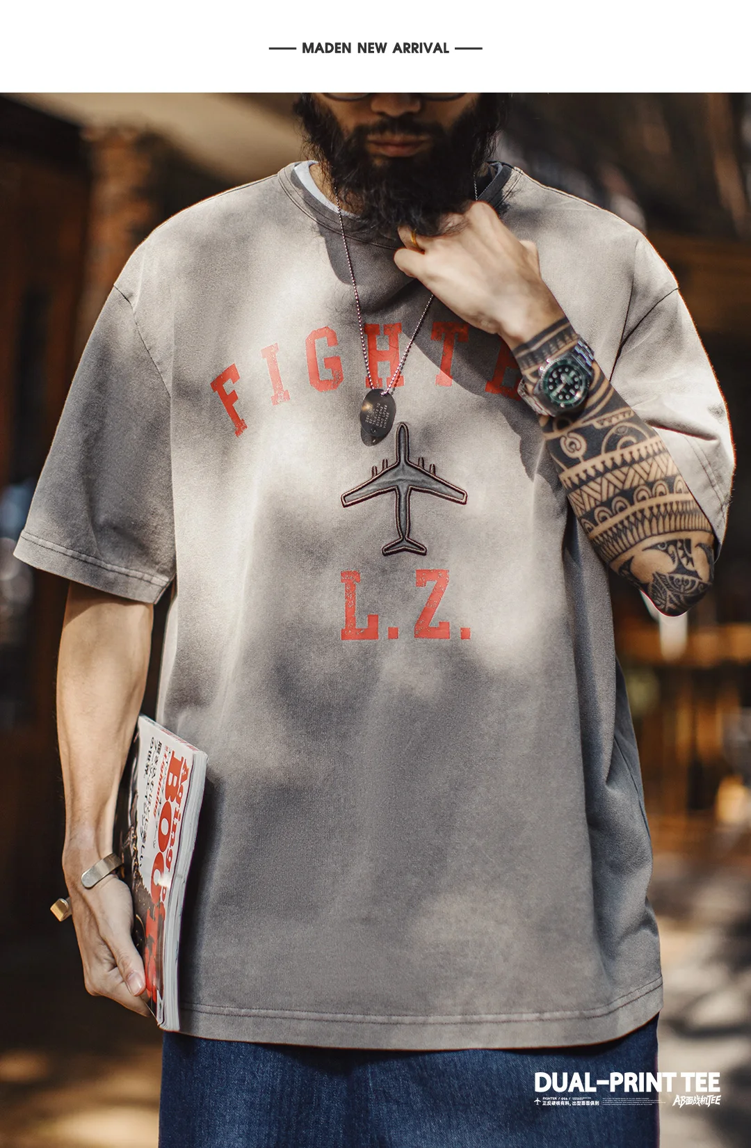 Maden Men's Vintage Fighter Plane Print T-Shirt Heavyweight Cotton Oversized Crew Neck Summer Casual Streetwear Tee Men's Tops