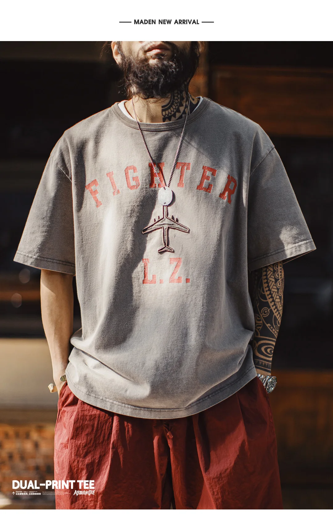 Maden Men's Vintage Fighter Plane Print T-Shirt Heavyweight Cotton Oversized Crew Neck Summer Casual Streetwear Tee Men's Tops