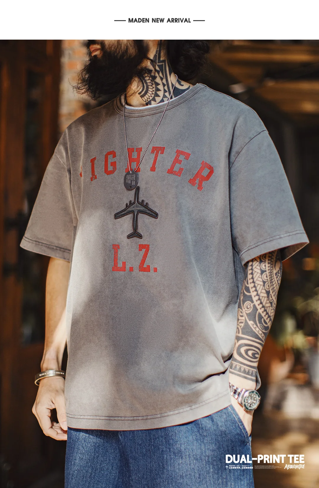 Maden Men's Vintage Fighter Plane Print T-Shirt Heavyweight Cotton Oversized Crew Neck Summer Casual Streetwear Tee Men's Tops