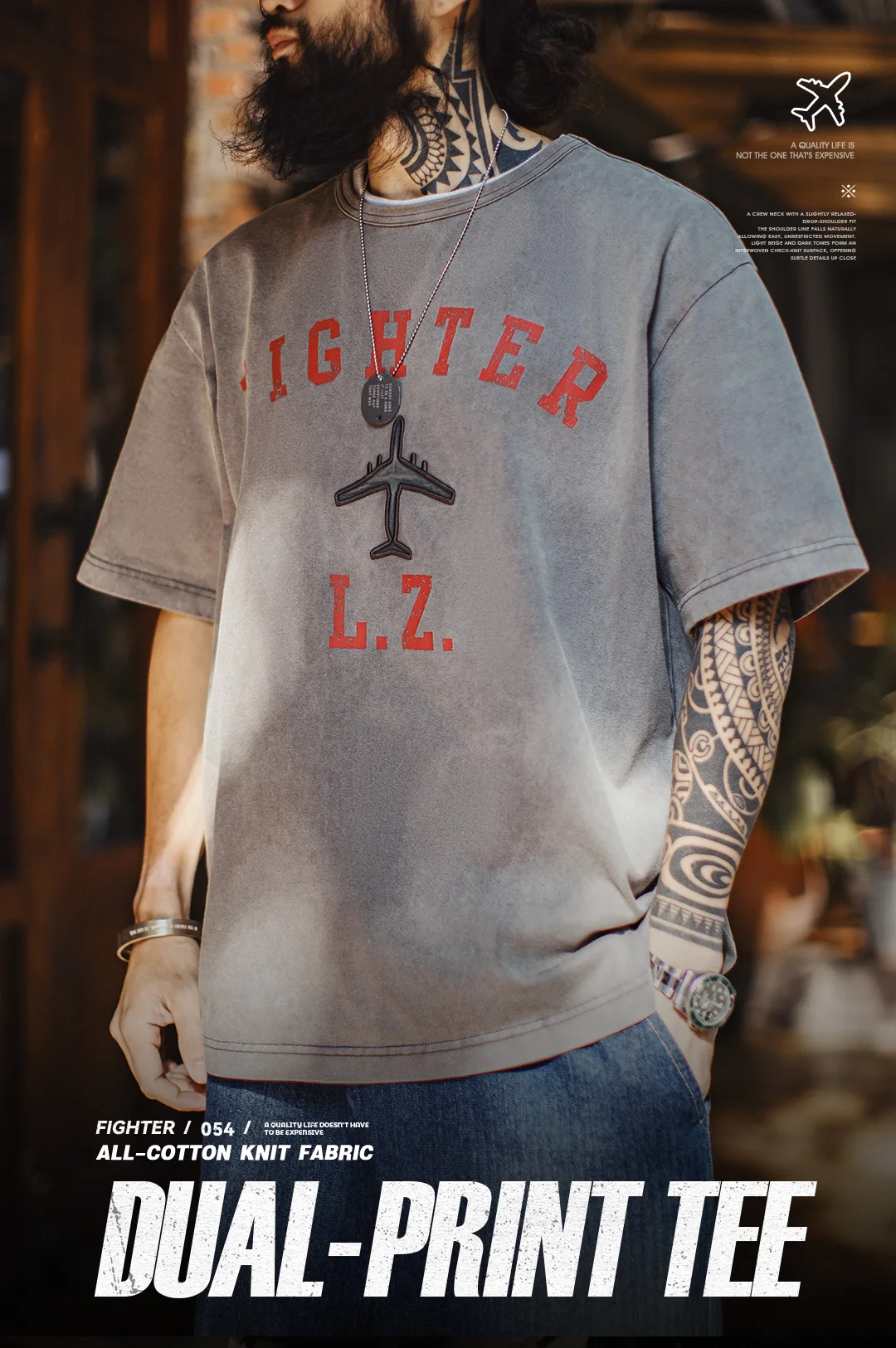 Maden Men's Vintage Fighter Plane Print T-Shirt Heavyweight Cotton Oversized Crew Neck Summer Casual Streetwear Tee Men's Tops
