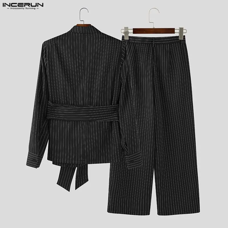 INCERUN Men Striped Sets Elegant Long Sleeve Lace Up Blazer & Pants Two Pieces Sets Streetwear Loose Fashion Casual Men's Suits