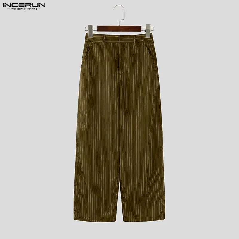 INCERUN Men Striped Sets Elegant Long Sleeve Lace Up Blazer & Pants Two Pieces Sets Streetwear Loose Fashion Casual Men's Suits