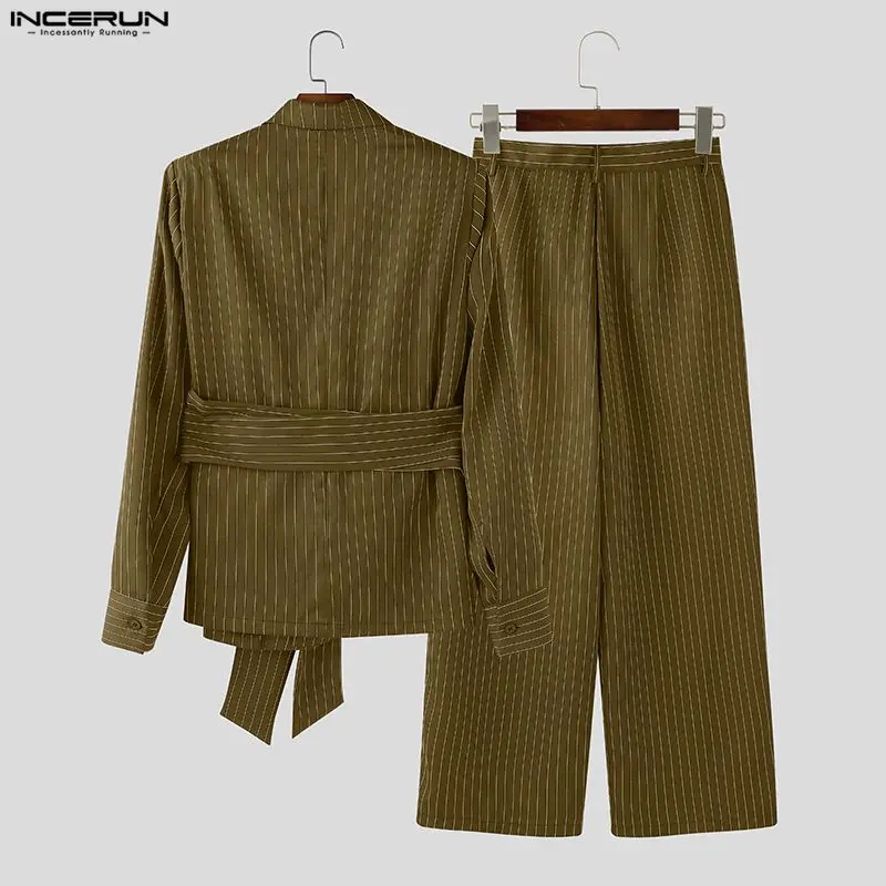 INCERUN Men Striped Sets Elegant Long Sleeve Lace Up Blazer & Pants Two Pieces Sets Streetwear Loose Fashion Casual Men's Suits