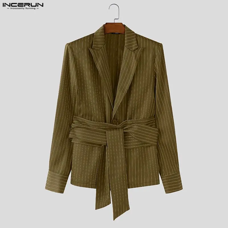 INCERUN Men Striped Sets Elegant Long Sleeve Lace Up Blazer & Pants Two Pieces Sets Streetwear Loose Fashion Casual Men's Suits