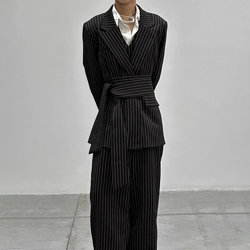 INCERUN Men Striped Sets Elegant Long Sleeve Lace Up Blazer & Pants Two Pieces Sets Streetwear Loose Fashion Casual Men's Suits