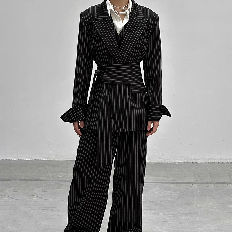 INCERUN Men Striped Sets Elegant Long Sleeve Lace Up Blazer & Pants Two Pieces Sets Streetwear Loose Fashion Casual Men's Suits