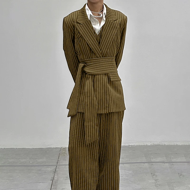 INCERUN Men Striped Sets Elegant Long Sleeve Lace Up Blazer & Pants Two Pieces Sets Streetwear Loose Fashion Casual Men's Suits