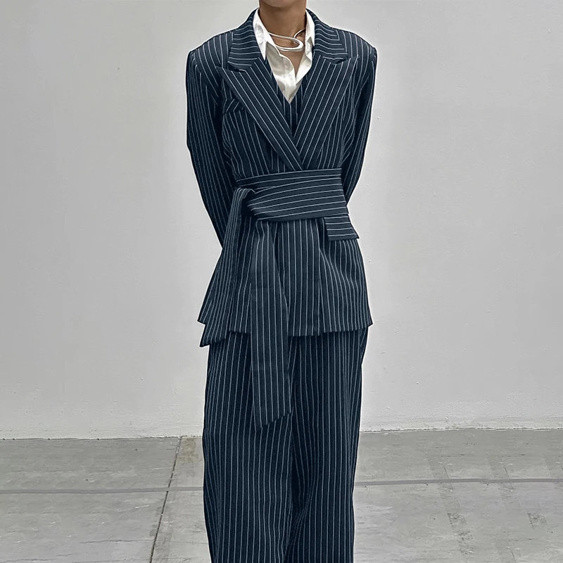 INCERUN Men Striped Sets Elegant Long Sleeve Lace Up Blazer & Pants Two Pieces Sets Streetwear Loose Fashion Casual Men's Suits