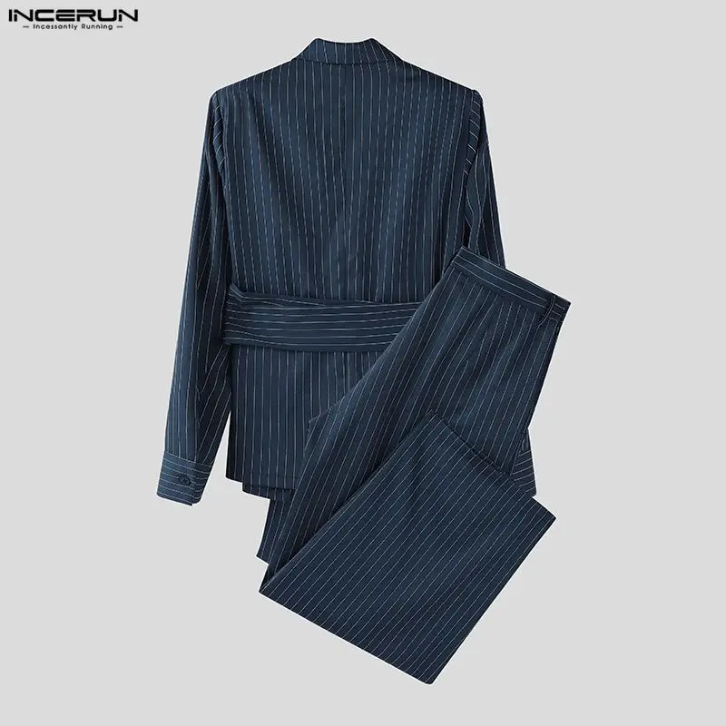 INCERUN Men Striped Sets Elegant Long Sleeve Lace Up Blazer & Pants Two Pieces Sets Streetwear Loose Fashion Casual Men's Suits