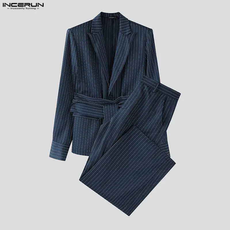INCERUN Men Striped Sets Elegant Long Sleeve Lace Up Blazer & Pants Two Pieces Sets Streetwear Loose Fashion Casual Men's Suits