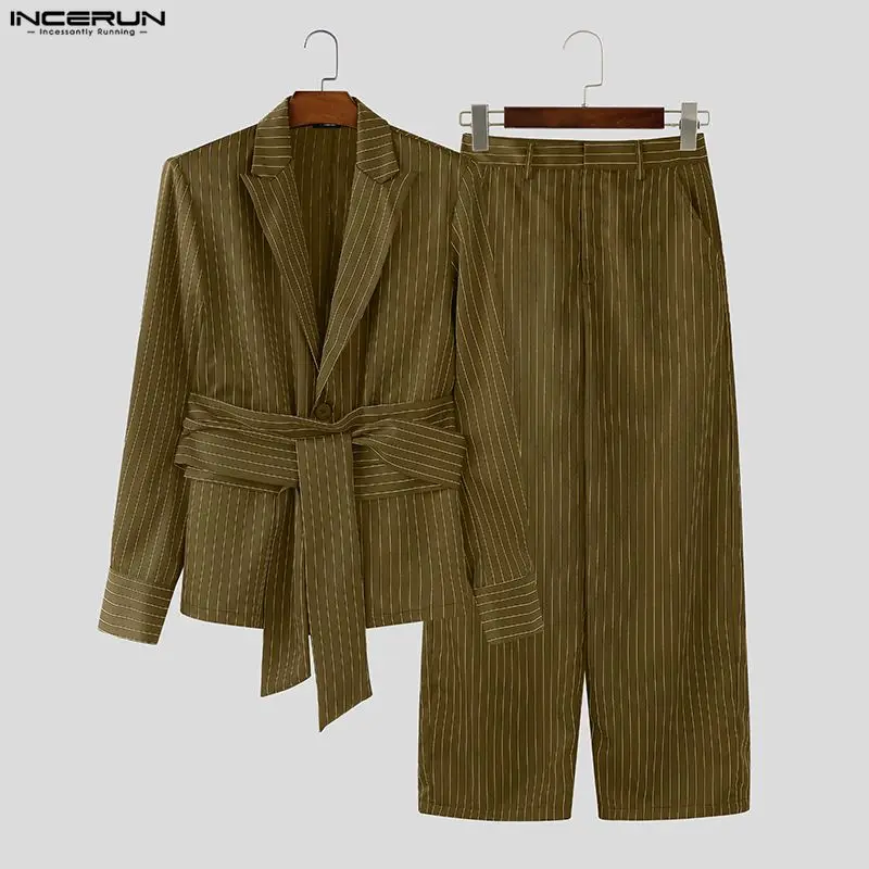 INCERUN Men Striped Sets Elegant Long Sleeve Lace Up Blazer & Pants Two Pieces Sets Streetwear Loose Fashion Casual Men's Suits
