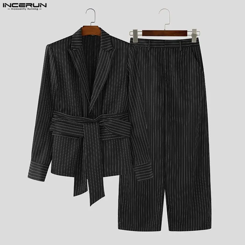 INCERUN Men Striped Sets Elegant Long Sleeve Lace Up Blazer & Pants Two Pieces Sets Streetwear Loose Fashion Casual Men's Suits