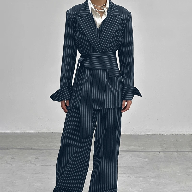 INCERUN Men Striped Sets Elegant Long Sleeve Lace Up Blazer & Pants Two Pieces Sets Streetwear Loose Fashion Casual Men's Suits
