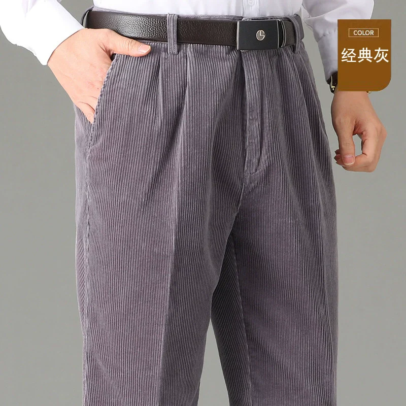 High Waist Double Pleated Winter Corduroy Pants Men Straight Loose 100% Cotton Autumn Casual Mens Trousers Size 44 46 48 50