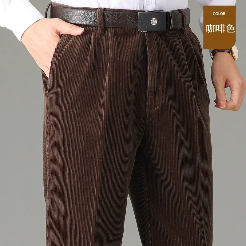 High Waist Double Pleated Winter Corduroy Pants Men Straight Loose 100% Cotton Autumn Casual Mens Trousers Size 44 46 48 50