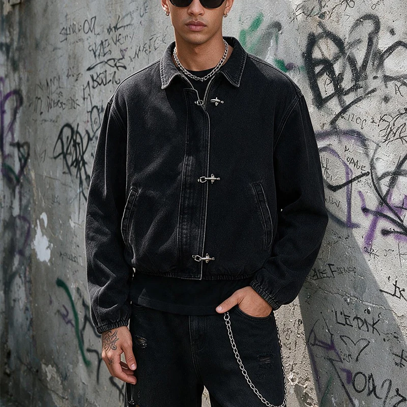 Men's Black Washed Denim Cropped Jacket Metal Buckle Zip Design Loose Drop Shoulder Coat Vintage Hip Hop Streetwear Outerwear Fo