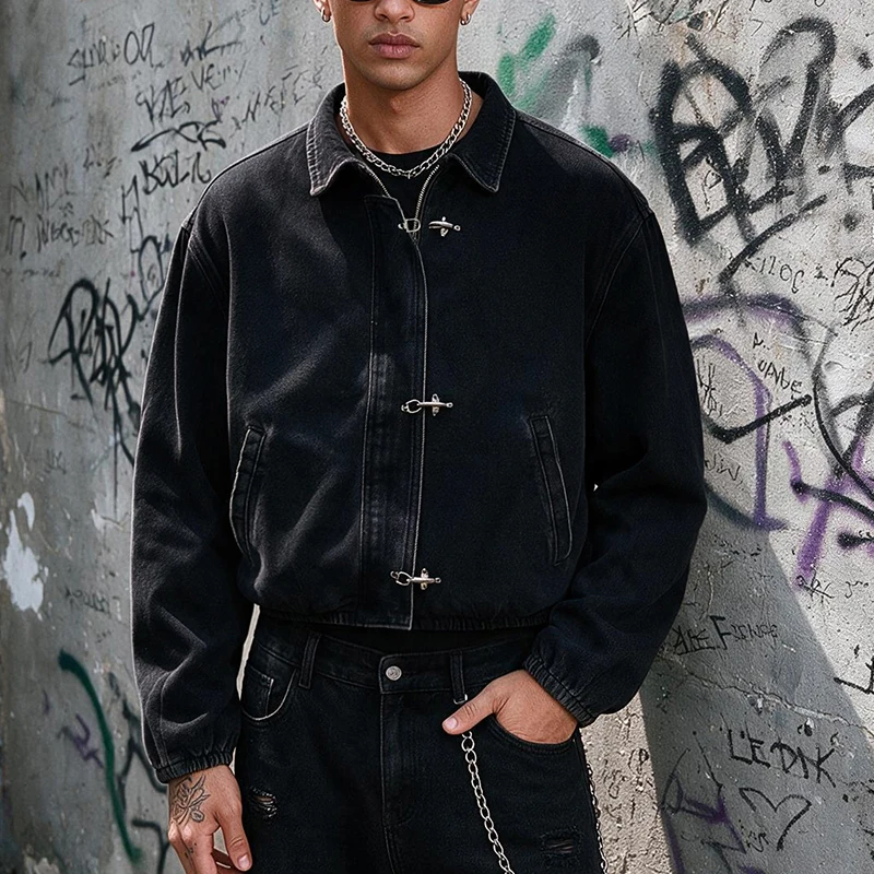 Men's Black Washed Denim Cropped Jacket Metal Buckle Zip Design Loose Drop Shoulder Coat Vintage Hip Hop Streetwear Outerwear Fo