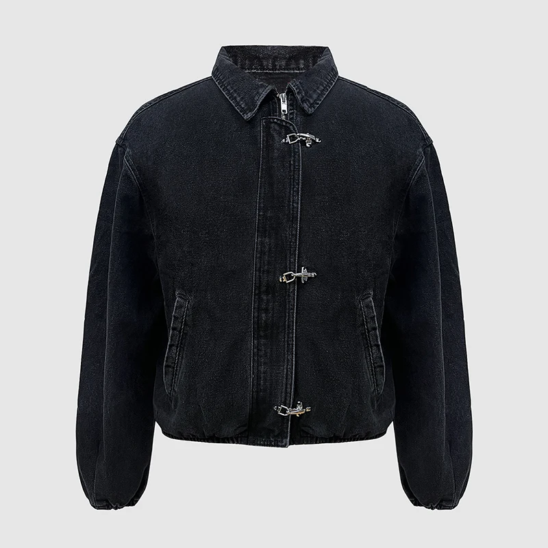 Men's Black Washed Denim Cropped Jacket Metal Buckle Zip Design Loose Drop Shoulder Coat Vintage Hip Hop Streetwear Outerwear Fo