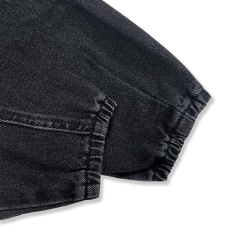 Men's Black Washed Denim Cropped Jacket Metal Buckle Zip Design Loose Drop Shoulder Coat Vintage Hip Hop Streetwear Outerwear Fo