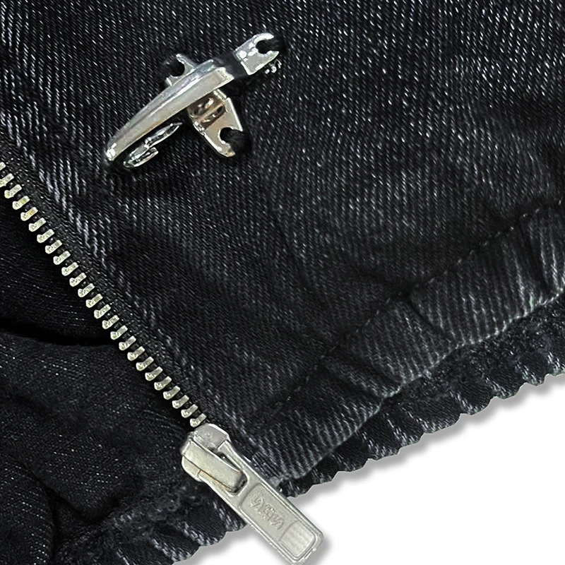 Men's Black Washed Denim Cropped Jacket Metal Buckle Zip Design Loose Drop Shoulder Coat Vintage Hip Hop Streetwear Outerwear Fo