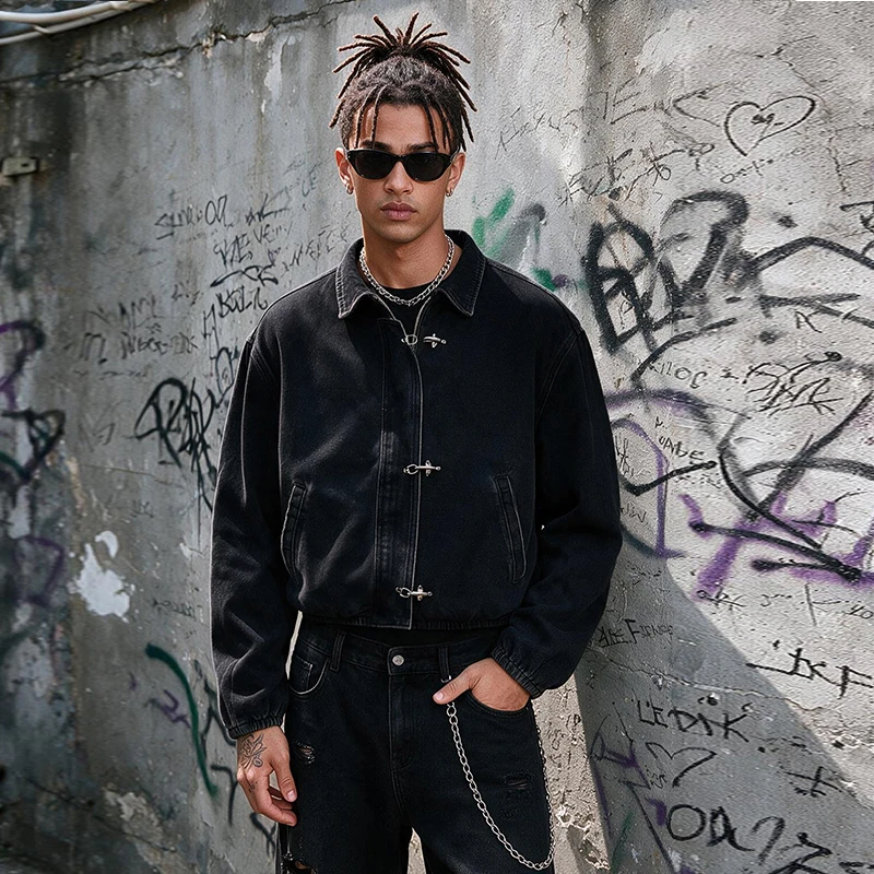 Men's Black Washed Denim Cropped Jacket Metal Buckle Zip Design Loose Drop Shoulder Coat Vintage Hip Hop Streetwear Outerwear Fo