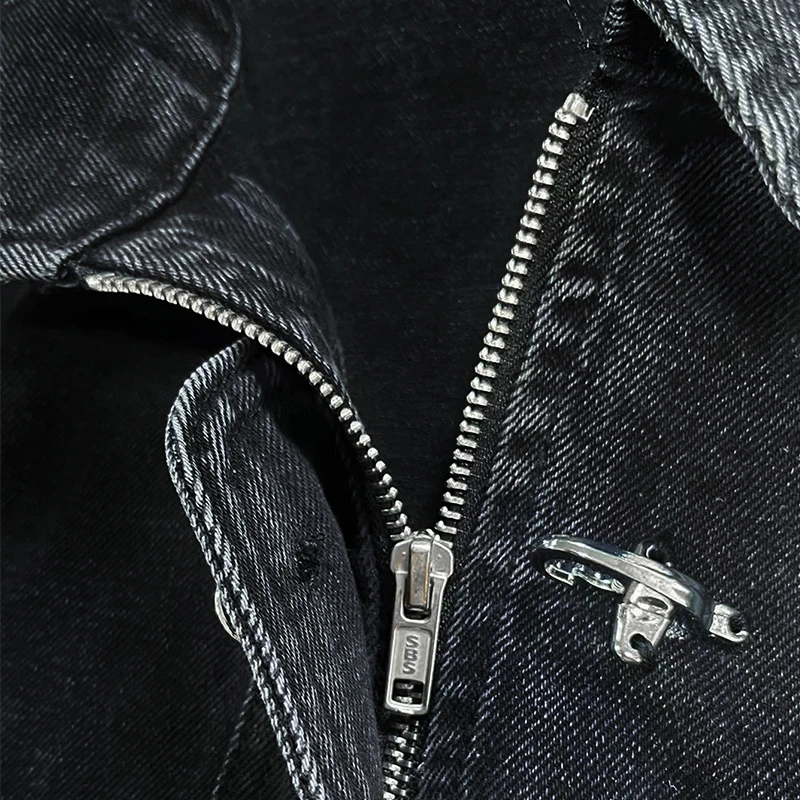 Men's Black Washed Denim Cropped Jacket Metal Buckle Zip Design Loose Drop Shoulder Coat Vintage Hip Hop Streetwear Outerwear Fo