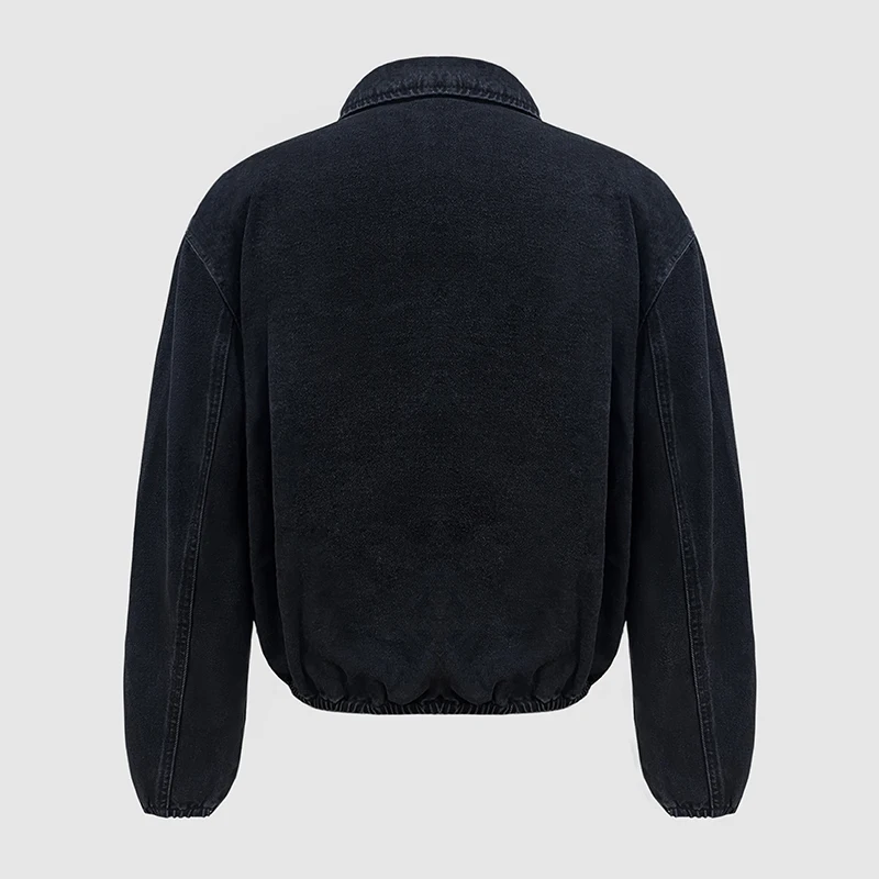 Men's Black Washed Denim Cropped Jacket Metal Buckle Zip Design Loose Drop Shoulder Coat Vintage Hip Hop Streetwear Outerwear Fo