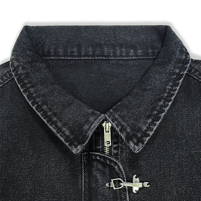 Men's Black Washed Denim Cropped Jacket Metal Buckle Zip Design Loose Drop Shoulder Coat Vintage Hip Hop Streetwear Outerwear Fo