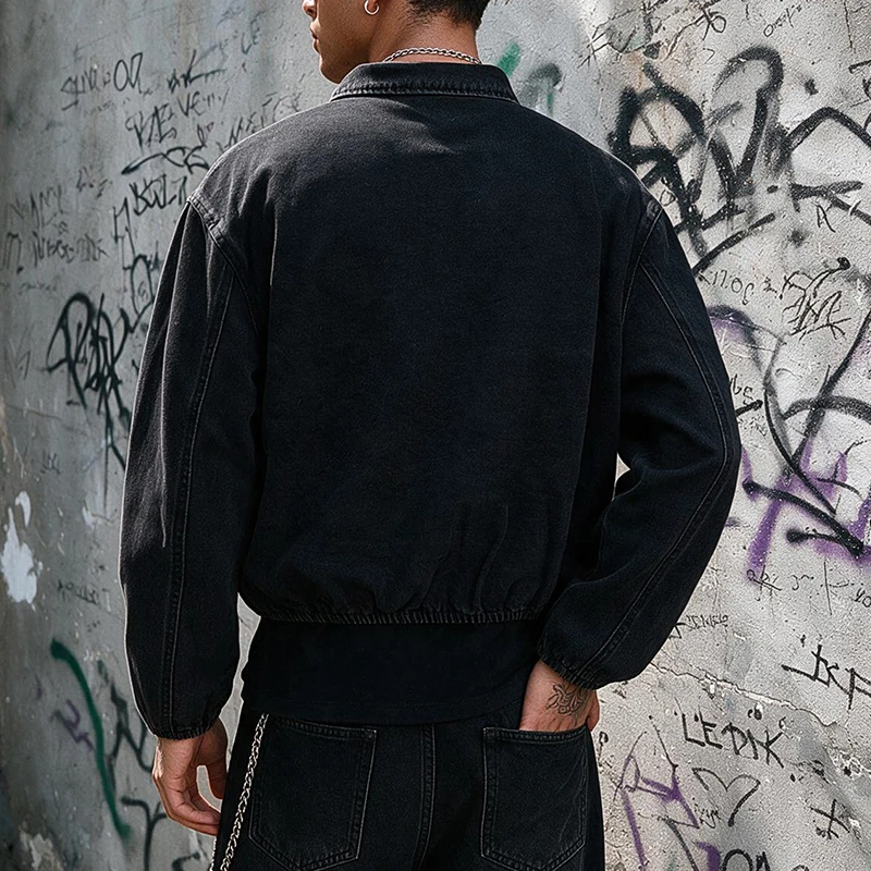 Men's Black Washed Denim Cropped Jacket Metal Buckle Zip Design Loose Drop Shoulder Coat Vintage Hip Hop Streetwear Outerwear Fo