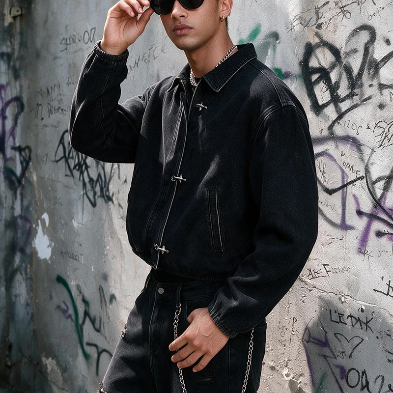 Men's Black Washed Denim Cropped Jacket Metal Buckle Zip Design Loose Drop Shoulder Coat Vintage Hip Hop Streetwear Outerwear Fo